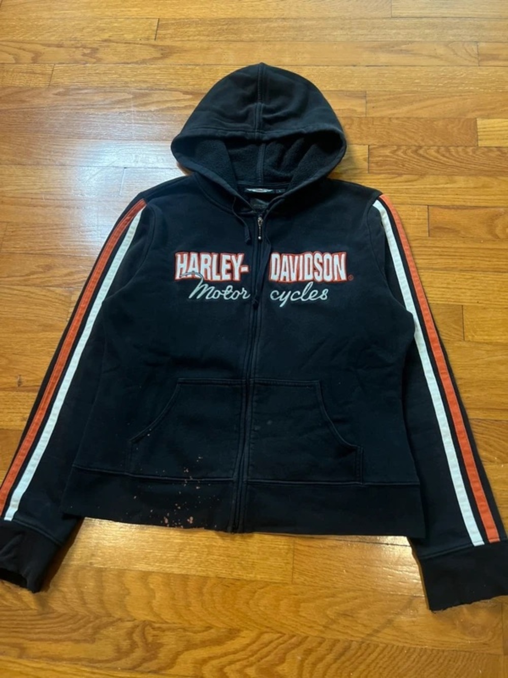 Harley-Davidson Black Hoodie with Orange & White Sleeve Stripes - Picture 3 of 5